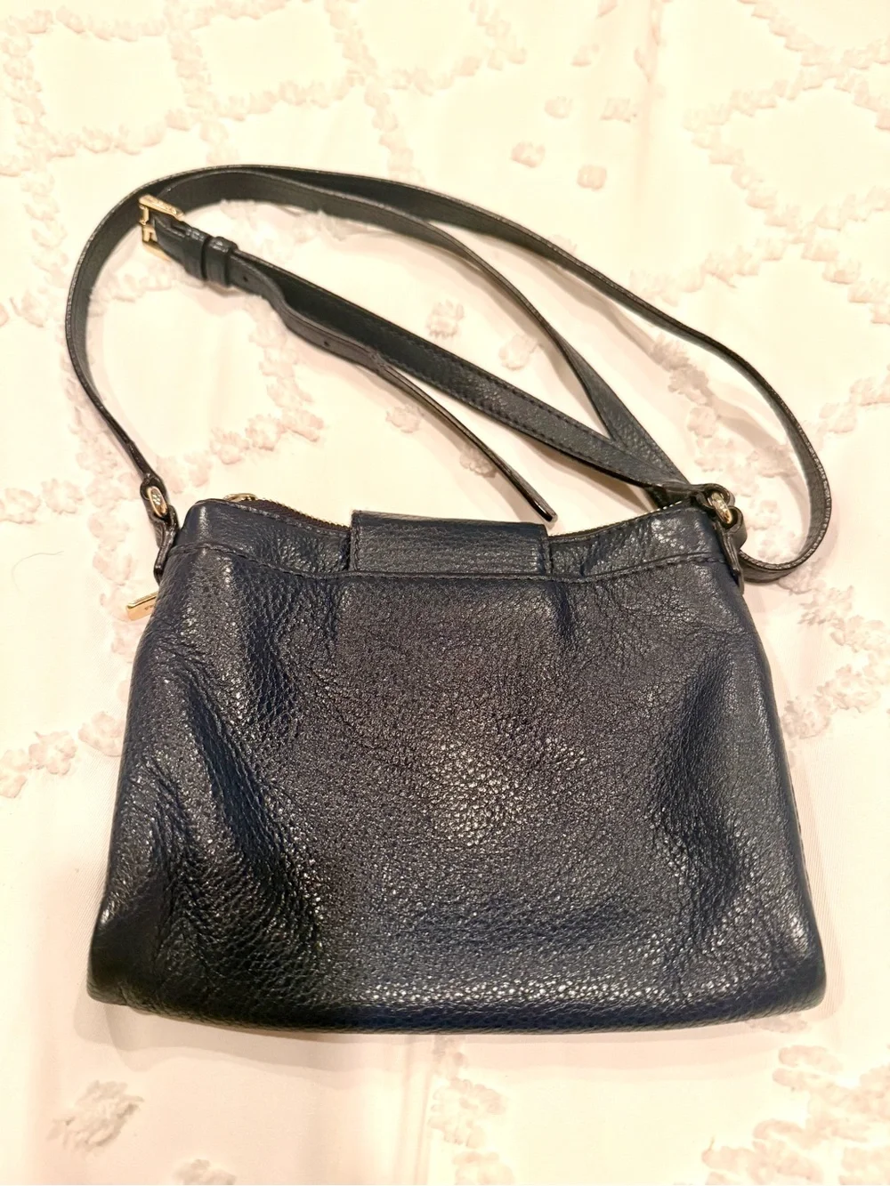 Michael Kors Navy Pebbled Leather Crossbody with Gold MK Emblem